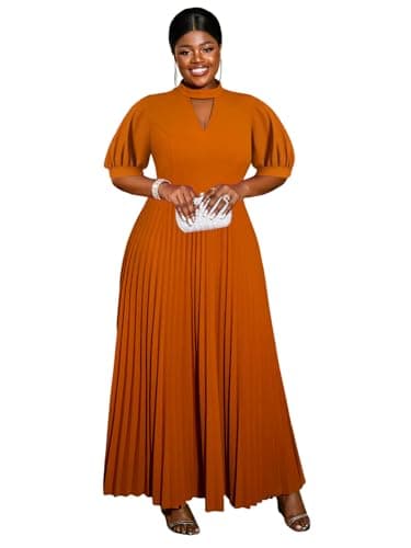 Image of AOMEI Women's Cutout Long Pleated Church Dress Puff Sleeve Stand Collar Casual Dresses for Women Classy, Brown/Short Sleeve, XXL