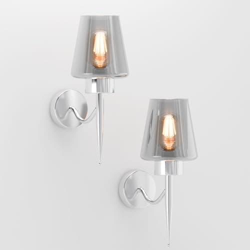 Image of LEDSone Retro Smoky Grey Glass Wall Sconce, Modern Industrial E27 Lamp Holder Wall Light Fixture for Bedroom, Hallway, Living Room – Wall Mounted Grey Shade Lamp 2 Pack