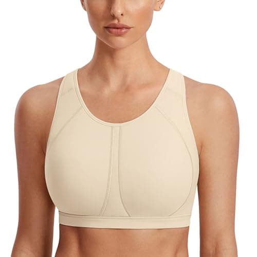 Image of SYROKAN Women's Sports Bra for Large Breasts High Impact Full Coverage Padded Wireless Running Halter Neck Bra Oil Beige 32F