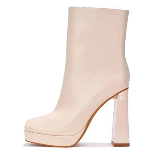 Image of Cape Robbin Trudy Platform Chunky Mid Calf Boots for Women, Square Toe Heeled Booties with Side Zipper, Ivory, 5 UK