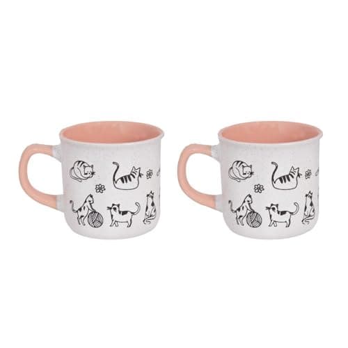 Image of Set of 2 Cat Themed Mugs Pink Interior - 11 Ounce 310ml Modern Contemporary - Tea Coffee Cups Latte Cappuccino Hot Chocolate Drinks - Home Kitchen Work Office Mug Set Cat Lover Gift