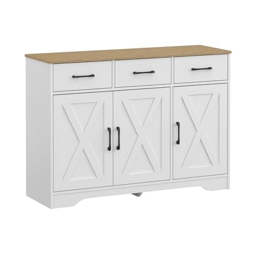 Image of Panana Wooden Sideboard 3 Drawers 3 Doors Entryway Dining Room Console Living Room Storage Farmhouse Sideboard Cabinet (White)