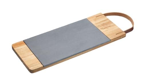 Image of Artesà Rectangular Serving Platter, Wooden Tray with Leather Strap and Removable Slate Serving Board, Ideal Cheese Board or For Dinner Party Nibbles, 47 x 16 cm (18.5 Inch x 6½ Inch) - Metallic/Brown