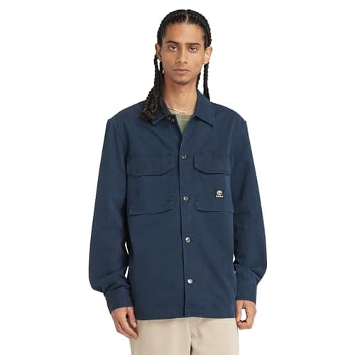 Image of Timberland Men's Washed Heavy Twill Overshirt Shirt with Button Down Collar, Dark Sapphire, 3XL