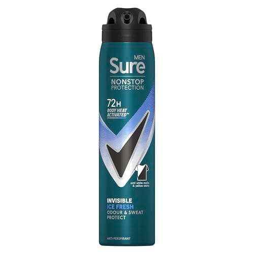 Image of Sure Men Nonstop Protection Invisible Ice Fresh Deodorant Body Spray Antiperspirant with body heat activated technology for 72 hour odour and sweat protection 250 ml