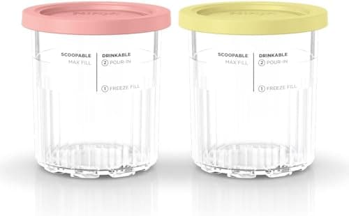 Image of Ninja Creami Deluxe Ice Cream Tubs, 2 Pack, Compatible with Creami Deluxe Ice Cream Maker, Genuine Ninja Accessory, BPA-Free, Dishwasher Safe, Colour Lids, 500ml Clear, Coral, Yellow, XSKPNTLD2EUUK