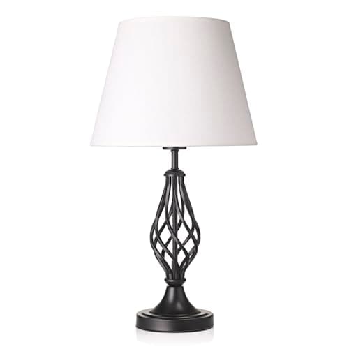Image of Happy Homewares Traditional Matte Black Table Lamp with Barley Twist Metal Base and Ivory White Linen Shade | 11w Maximum | Ideal for Bedside Lamps