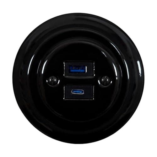 Image of Porcelain USB A+C Charging Socket | Flush Mounted Vintage Retro Style | CE Certified (Black)