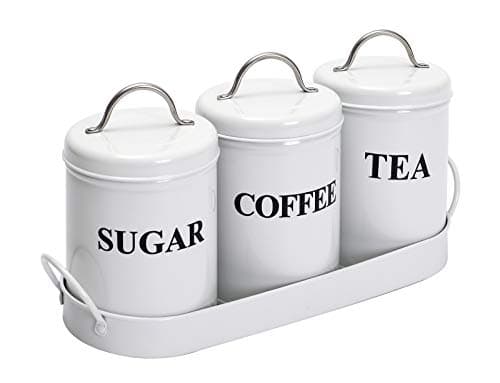 Image of Xbopetda Tea Coffee Sugar Canisters, 3 Piece of Metal Food Storage Tin, Kitchen Canister Set with Metal Tray, Dry Food Storage Containers for Tea Coffee & Sugar-White