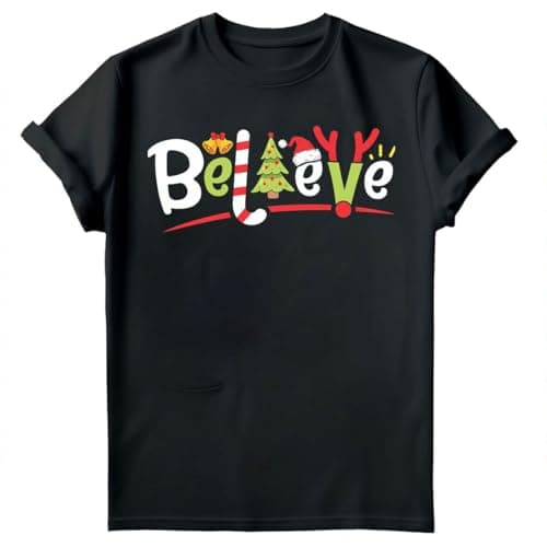 Image of D&T Festive Believe Christmas T-Shirt for Family - Santa Hat Reindeer Antlers - Holiday Joy Shirt for Men Women Kids #MC 4XL Black