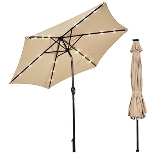 Image of COSTWAY 2.3M/2.7M Lighted Garden Parasol, Outdoor Heavy Duty Umbrella with Tilt, 18 LED Lights, Crank Handle and Vented Canopy, Outdoor Sun-protective Canopy Market Table Umbrella(2.7M, Beige+Black)