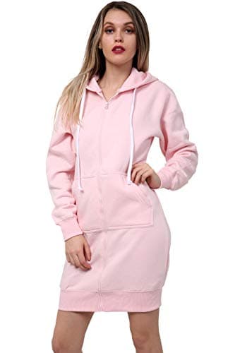 Image of WOOD QUAIL WOMEN LADIES GIRLS LONG HOODIE ZIPPER FLEECE WARM JACKET STYLISH WITH POCKET SWEATSHIRT CASUAL JUMPER TOP DRESSES S-3XL (L-XL 16-18, LONG HOODIE BABY PINK)