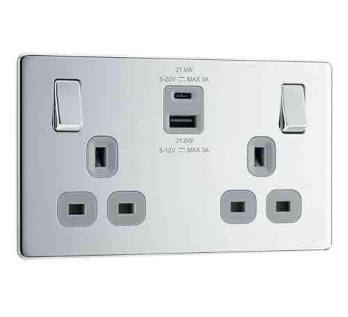 Image of BG Electrical 22W Double Switched Power Wall Plug Socket with Fast Charge Type A and C USB Ports, Screwless, Flatplate, Polished Chrome, Grey Inserts, 13A, FPC22UAC22G