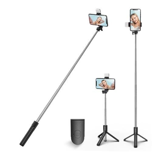 Image of HCTian Selfie Stick Tripod with light,Extendable 360° Rotation Tripod Stand with Detachable Wireless Remote Portable 3 in 1 Phone Holder Compatible with iPhone,Android,samsung (black+light)