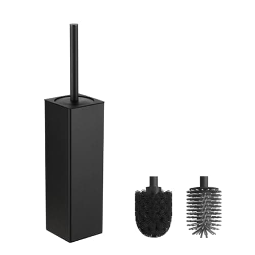 Image of BVL Black Toilet Brush, Square Silicon Toilet Brush and Holder, Free Standing Toilet Brush Including 2 Quick Drying Brush Heads