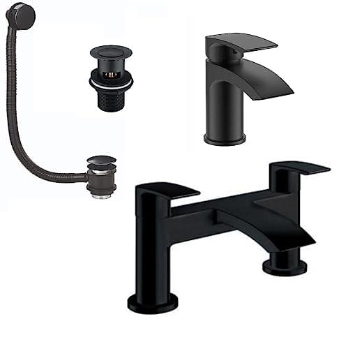 Image of Noir Bathroom Tap Matt Black Pack Complete | Basin Mixer | Bath Filler | Basin and Bath Waste Included