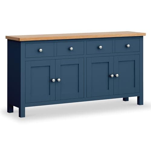 Image of Farro Navy Blue Extra Large Sideboard Cabinet for Living Room | Roseland Furniture Fully Assembled Painted 4 Door Solid Wooden Storage Cupboard with Oak Top 2 Drawers for Hallway or Dining Room