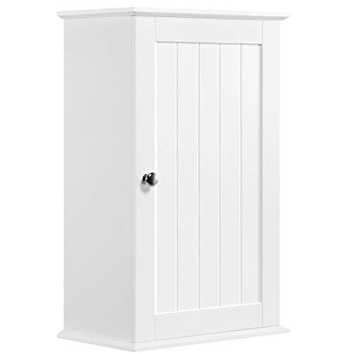 Image of Yaheetech Wall Mounted Kitchen Storage Cabinet Single Door Wooden Cupboard with 3 Tiers Shelves for Bathroom Living Room Hallway, White