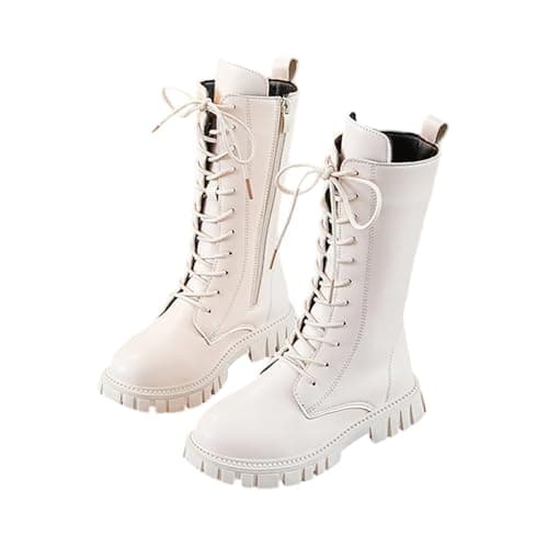 Image of Saxrel White Girls Knee High Boots Kids Lace Up Side Zipper Sweet Steampunk Style Thick Rubber Sole Stitching Faux Leather School Shoes Waterproof Combat Shoes UK Size 13