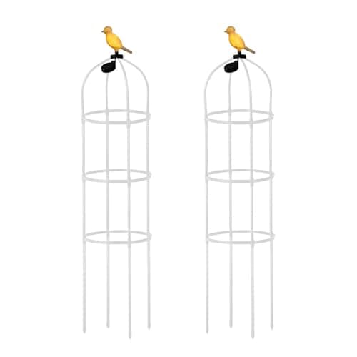 Image of Dzaayediiy 180cm Garden Obelisk Trellis with Solar Light Up Bird Decoration, Metal Plant Supports for Outdoor Plants 4-Tier Plant Support for Vines & Flowers, Tomato Cage Tower, White 2pcs