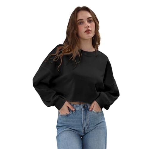 Image of Amazhiyu Womens Cropped Hoodie, Long Sleeve Oversize Soild Crewneck Sweatshirts, Pullover for Fall Spring UK Black L
