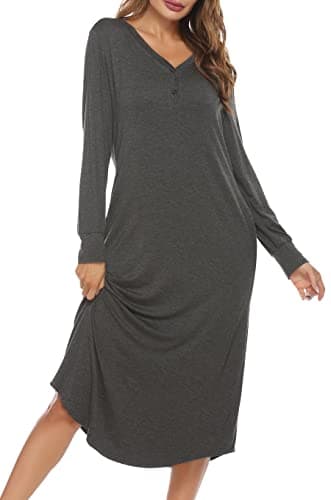 Image of Vlazom Women's Nightgowns Long Sleeves V Neck Button Down Sleep Shirt Soft Nightdress Sleepwear Loungewear,A-Dark Grey,L