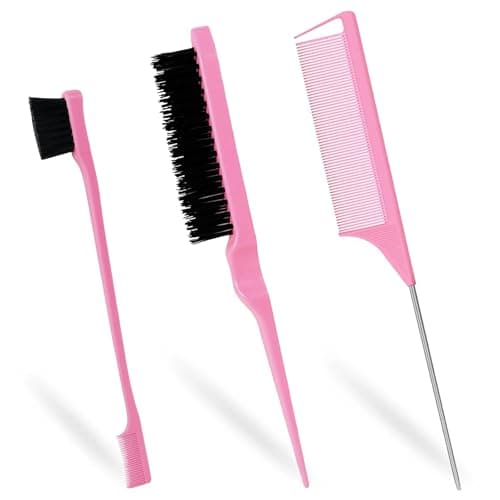 Image of Sularpek 3 Pcs Slick Brush Set, Plastic Bristle Hair Brush Teasing Comb Edge Hair Brush Teasing Brush Set, Rat Tail Comb Double Sided Edge Brush, for Hairdresser Women Baby Children (Pink)