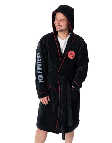 Image of Foo Fighters Mens Black Logo Hooded Bathrobe | Cosy Fleece Loungewear with Long Sleeves | Music Merchandise for Relaxation | Official Merch - Large