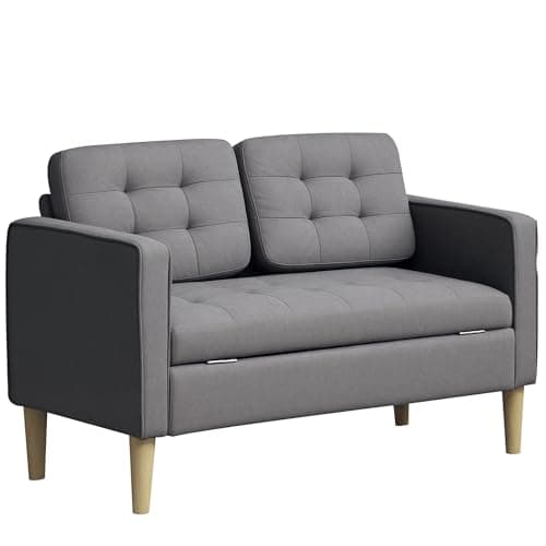 Image of HOMCOM Modern 2 Seater Sofa with Hidden Storage, 117cm Tufted Cotton Couch with Wood Legs, Compact Loveseat for Living Room, Grey