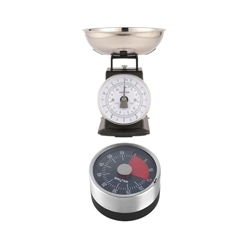 Image of Salter Timeless Mechanical Kitchen Scale & Timer – 5kg Capacity, 1L Dishwasher Safe Bowl, 60 Minute Countdown Markers, Attach To Ovens & Fridges, Weigh Multiple Ingredients, Black/Stainless Steel