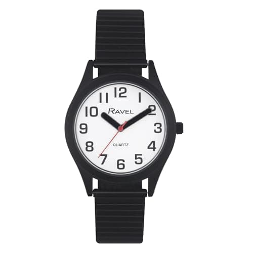 Image of Ravel - Unisex Super Bold Sight Aid Watch with Big Numbers on Stainless Steel Expander Bracelet - Analogue Quartz - R0225.13.1 - Black/White Dial