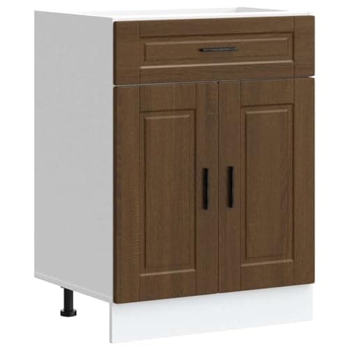 Image of vidaXL - porto brown oak engineered wood kitchen base cabinet with ample storage and adjustable feet - 60x46x81.5 cm, modern kitchen storage unit, perfect for organizing cookwares and utensils