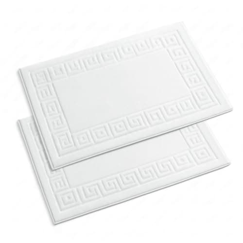 Image of White Cotton Bath Mat Set of 2 – Highly Absorbent Terry Towelling Bathroom Mats 50x70 cm – Soft Quick Dry Shower Mat with Classic Greek Key Design