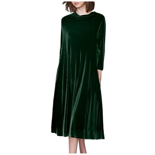 Image of Vintage Velvet Dress for Women UK Plus Size Long Sleeve Maxi Dresses Casual Loose Fit Dress Elegant Bridesmaid Dress Ladies Solid Color Midi Dress Green