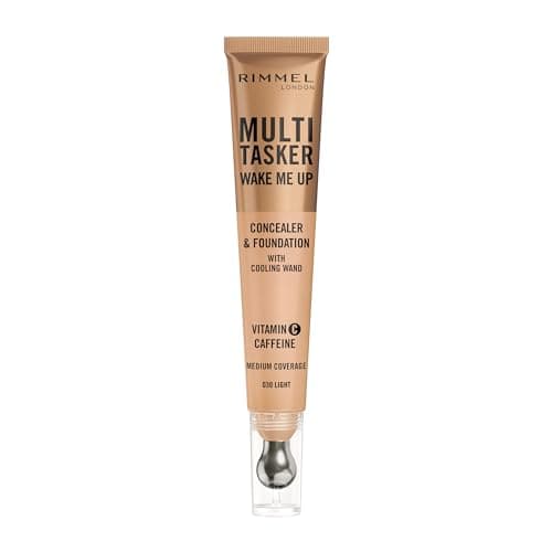 Image of Rimmel Multi-Tasker Wake Me Up Foundation & Concealer 030 Light, Depuffs & Brightens Dark Circles, Metallic Cooling Applicator, Caffeine & Victamin C, 2% Niacinamide, Vegan, Cruelty free