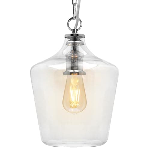 Image of Industrial Chrome Pendant Light with Clear Glass Shade, Modern Hanging Lamp Fixture, Bell Shape Ceiling Mount K444