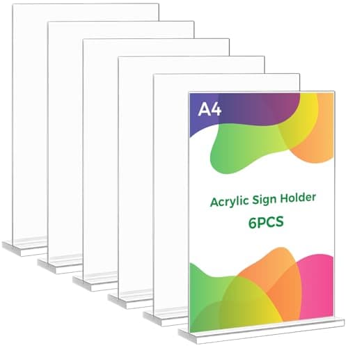 Image of Thboxes A4 Acrylic Sign Holder, 6 Pack T-Shaped Double-Side Display Stand Poster Holder Clear A4 Menu Holders for Office, Hotel Store Restaurant