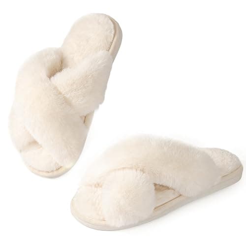 Image of Ankis Women's Cross Band Fluffy Slippers With Memory Foam - Cozy Plush Open Toe Indoor Outdoor Anti-Slide Home Shoes