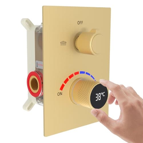 Image of Temperature-Display Shower Mixer Valve, Dual Function Shower Valve, Concealed 2 Way Shower Diverter Valve Shower Faucet Rough-in Valve, Brushed Gold
