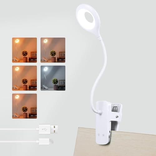 Image of Akynite 3W Rechargeable Clip Lamp Flexible, Type C Charging, 5 Colour & 5 Brightness, Touch Dimmable Bedside Reading Lamp, Battery Desk Light Clip on, Reading Light Clip on Bed, White