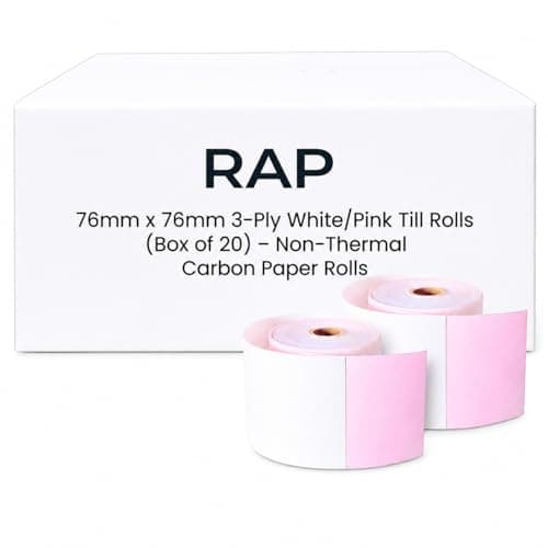 Image of 76mm x 76mm 3-Ply White/Pink Till Rolls (Box of 20) – Non-Thermal Carbonless Cash Register & Kitchen Printer Paper Rolls for EPOS Receipt Printers.