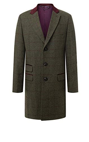Image of Dobell Mens Green Tweed Overcoat Regular Fit Windowpane Check Velvet Trims-2XL