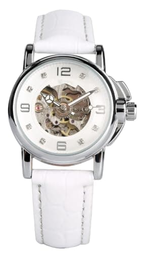 Image of Luxury Women Automatic Watch Ladies White Leather Waterproof Automatic Mechanical Skeleton Watch, White, Skeleton Watch,Mechanical,Automatic Watch