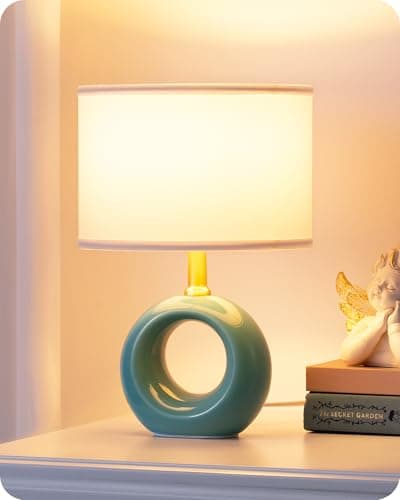 Image of EDISHINE Ceramic Table Lamp, Elegant & Modern Desk Lamp for Bedside, E14 Bulb Included, Fabric Lampshade for Bedroom, Living Room, Decoration, Blue