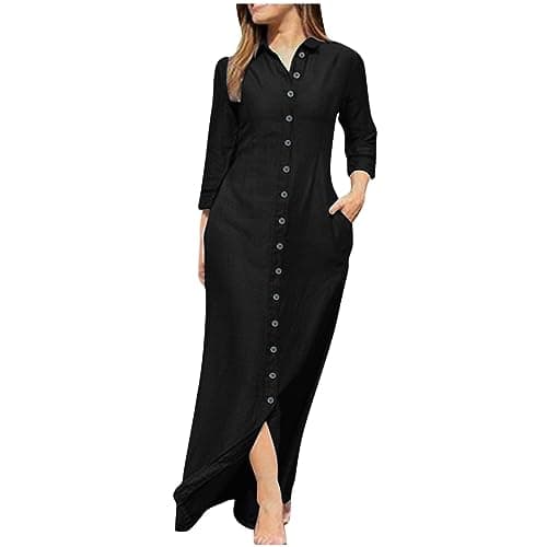 Image of Zeiayuas Women Denim Dress Button Down Shirt Dresses Casual Vacation Beach Pockets Long Dress Plus Size Casual Long Sleeve Dress Ladies Summer Sundress Beach A Line Tunic Dress