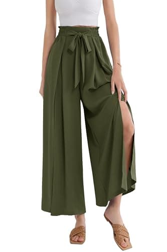 Image of GRACE KARIN Women Casual Ankle Wide Leg Pants Split Flowy Palazzo Pants with Pockets Olive Green XL