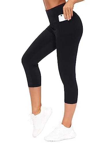 Image of THE GYM PEOPLE Women's High Waistd Capri 3/4 Length Leggings Tummy Control Yoga Trousers with Pockets Black