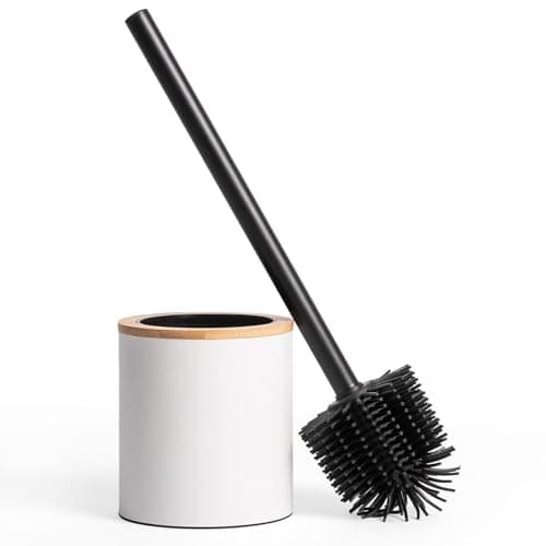 Image of KAZAI.® Silicone Toilet Brush & Holder in Wooden Optic | Stainless Steel Handle with Silicone Head | Metal Stand with Bamboo Accent | Rubber Bathroom Brush for Toilets | White