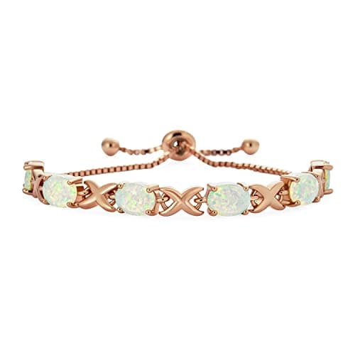 Image of Bling Jewelry Gemstone Iridescent Oval Figure 8 & White Created Opal Tennis Infinity Bolo Bracelet For Women Rose Gold Plated .925 Sterling Silver Adjustable Slide 7 Inch