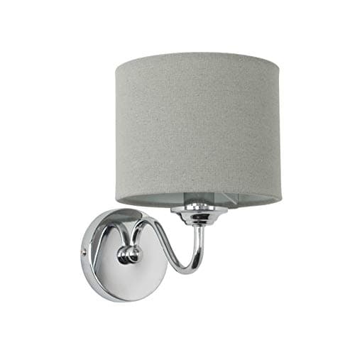 Image of MiniSun | Modern Chrome Curved Arm Wall Light Fittings with Grey Linen Drum Shades | Wall Lamps & Sconces, Home Décor Essential | Set of 2 | Includes 4W LED Bulbs [3000K Warm White] | Mains Wired